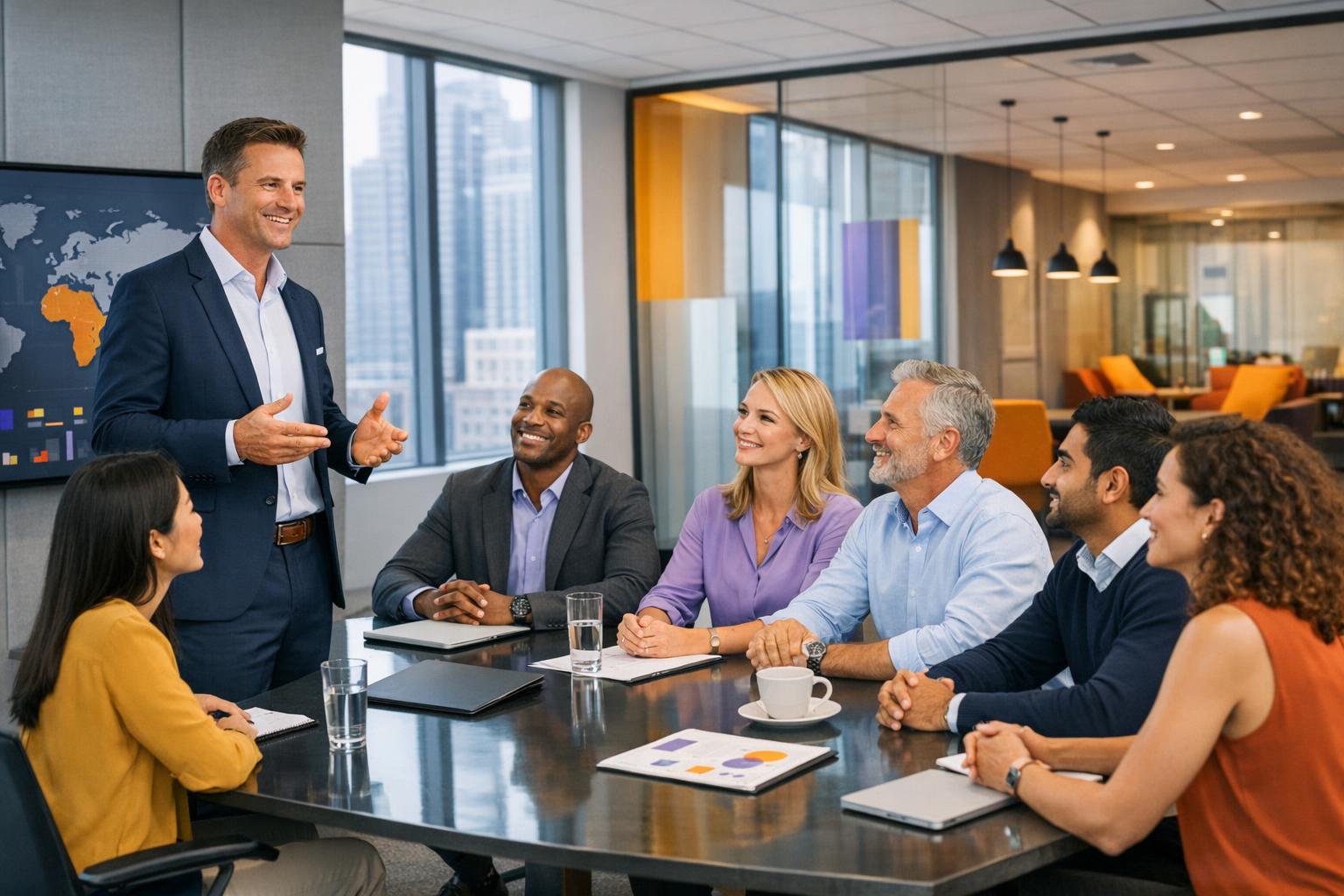 Senior leadership team discussing international market entry and country manager hiring strategy